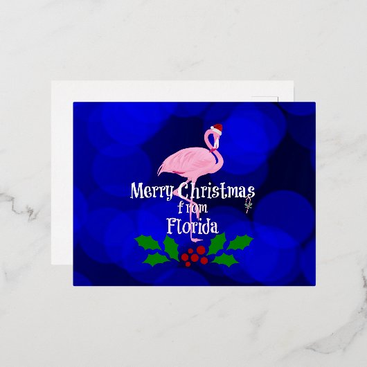 Santa Flamingoからのフロリダのクリスマスの挨拶 箔シーズンポストカード (正面/裏面)
