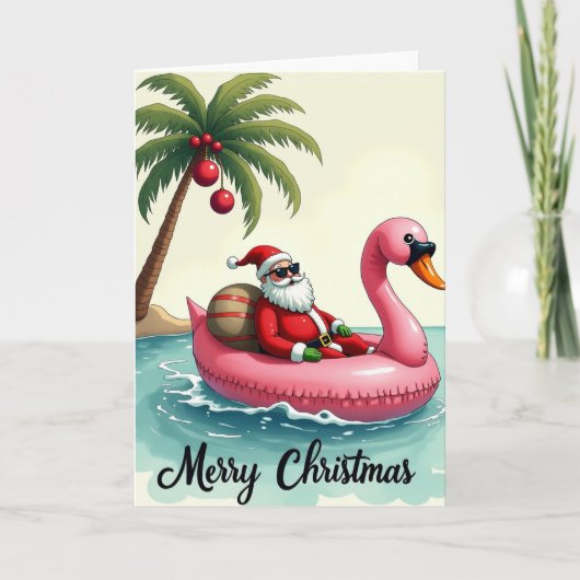 Santa Flamingo Float Merry Christmas Tropical カード (正面)