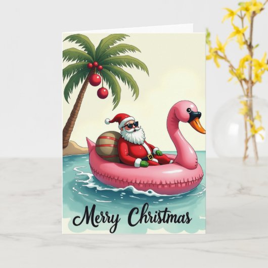 Santa Flamingo Float Merry Christmas Tropical カード (黄色い花)