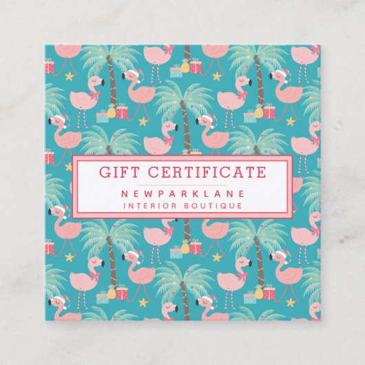 Santa Flamingo's -ティール（緑がかった色）クリスマスギフト券 スクエア名刺 (正面)
