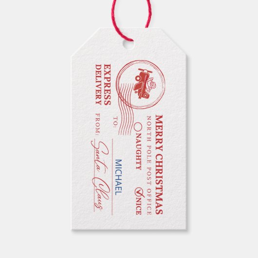 Santa Flying Airplane Mail Stamp Custom Christmas ギフトタグ (正面)