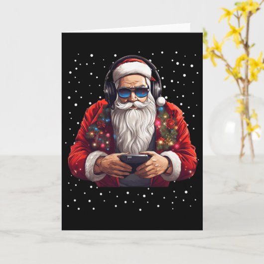 Santa Gaming Video Gamer Game Controller Xmas Snow カード (黄色い花)