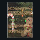 Santa Gingerbreadからの手紙5 x 7<br><div class="desc">サンタパーソナライズされたからの手紙。背景サンタオン5" x 7"磁気カードのプレゼントを保持するジンジャーブレッドマンを持ってい包まれたる、赤い弓と金ゴールドのベルとキャンディ赤と白ーの緑の弓と夕べアウトドアクリスマスツリーのすべての背景にカラフルの休日のライトと一緒に。文字の3つの領域に子の名前を挿入し、現在の年を挿入する。他の紙サイズは表示されない。(フェスティバルカスタムA7 1/4インチW x 5 1/4インチHクリスマスエンベロープのマイストアを参照してパーソナライズされた、封筒にSanta's Official Mail Circleが印刷されたSanta Lettersを挿入してフェスティバルおもしろいを追加信じする)。 素敵な一つの種類のキープサムメモリ項目。各子の名に個別に入力して文字をパーソナライズし、ショッピング・カートに追加する。注意：手紙は注文顧客に出荷され、クリスマスの時間が近づくと単にスタンプを追加し、メールにドロップしてサンタニアから子供または子供に手紙を配信する。早く注文し与えて、クリスマス前に手紙が到着するのに十分な時間楽しむを確保する！またはもし、単に私の店を介してサンタのおもしろいの公式シールとサンタエンベロープに手紙を挿入し、クリスマスの朝に古いセント・ニックから驚きと喜びを見つけるために任意の年齢の子供のためのクリスマスストッキングに挿入する十分な時間ではない！フェスティバルサンタの男の子への手紙（女の子と娘の単語を挿入してパーソナライズすることができる）。注：私の手紙の文言を削除することを選択しもして、あなたは自分の言葉を挿入することができますパーソナライズされたよカスタマイズ、故郷、家族や友人の名前、特別な学校、ダンスやスポーツ活動などクリックら点々のある、それは芸術のビューでプレビューして安全な緑の領域の中で文字秋を確保する。クリスマス前に受け取るすべての年齢の子供たちのためにサンタクロースによって署名されたおもしろいの手紙すてきは、古い聖ニックが間もなく彼の道に行くことを彼らに知らせる。手紙Santaから磁気のバックアップに封筒に挿入し、あなたの子供、孫、姪、甥、ゴッドチャイルド（もちろんサンタから！）に送信する。オリジナル写真とデザイン© 2015 TamiraZDesigns.</div>