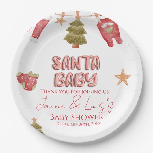 Santa Girl Boy Holiday Baby Shower   ペーパープレート (正面)
