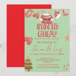 Santa Girl Boy Holiday Green Baby Shower   招待状