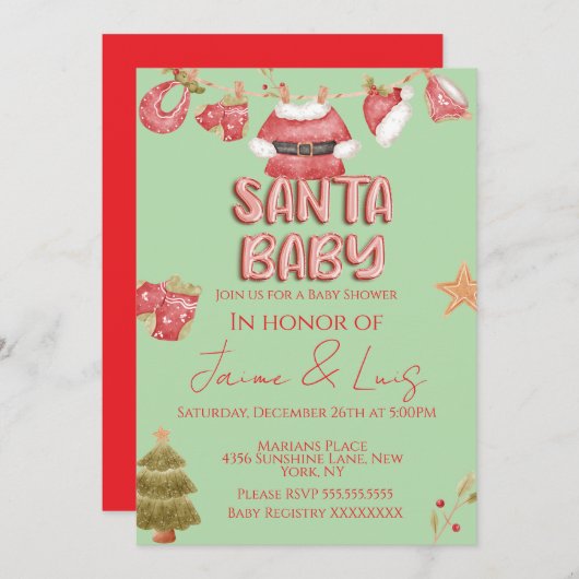 Santa Girl Boy Holiday Green Baby Shower   招待状 (正面/裏面)