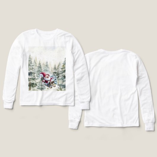 Santa Gnome Sledding Through The Woods LS T-Shirt (デザイン 正面＆背面)