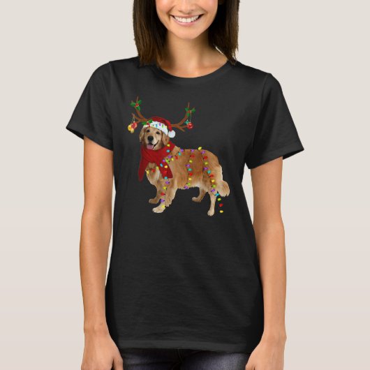 Santa Golden Retriever Reindeer Light Christmas Tシャツ (正面)