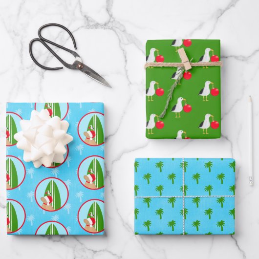 Santa Golden Surfboard Dog Seagull Gift Wrap Set 3 ラッピングペーパーシート (正面)