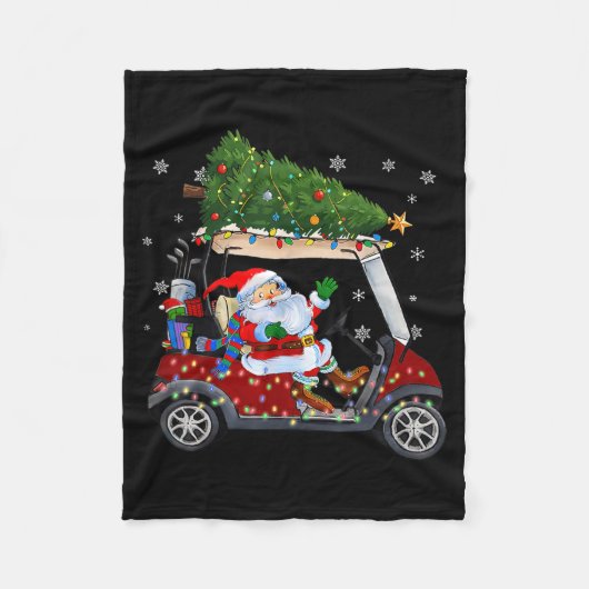 Santa Golf Cart Christmas Tree Lights Xmas Golfer  フリースブランケット (正面)