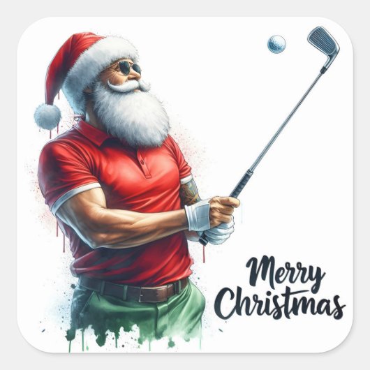 Santa Golfing in Winter Gear スクエアシール (正面)