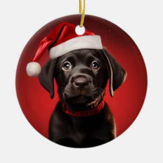 Santa Hatのブラックラボパピー セラミックオーナメント