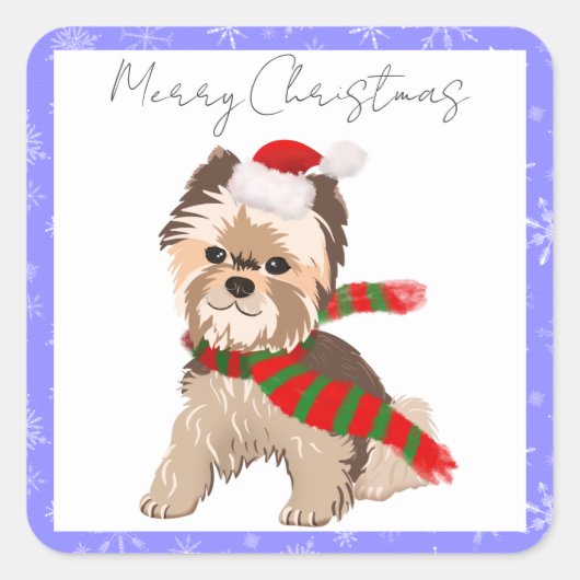 Santa Hatの愛らしいクリスマスヨークシャーテリア スクエアシール (正面)