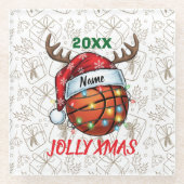  Santa Hat Basketball Reindeer Christmas Fun Sport ガラスコースター (正面)