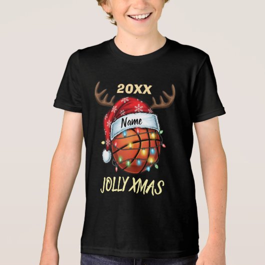  Santa Hat Basketball Reindeer Christmas Fun Sport トライブレンドＴシャツ (正面)