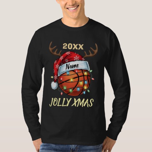 Santa Hat Basketball Reindeer Christmas Fun Sport Tシャツ (正面)