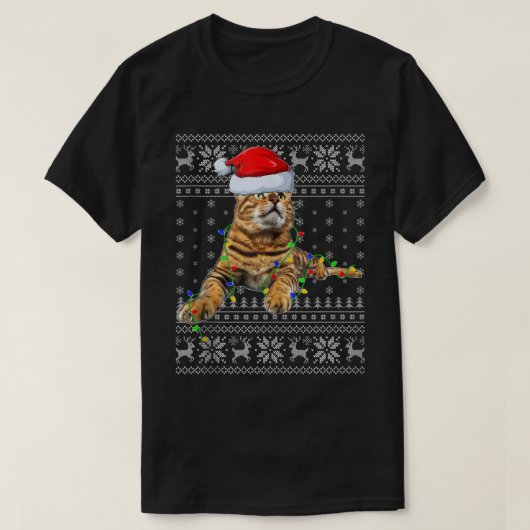 Santa Hat Bengal Cat Xmas Lighting Ugly Bengal Cat Tシャツ (デザイン正面)