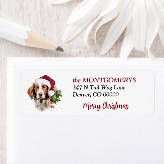 Santa Hat Brittany Dog Christmas Return Address ラベル (インサイチュ)