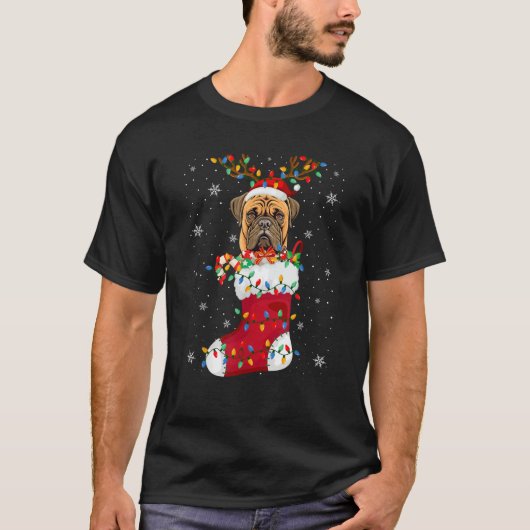 Santa Hat Bullmastiff Puppy Dog In Socks Xmas Tree Tシャツ (正面)