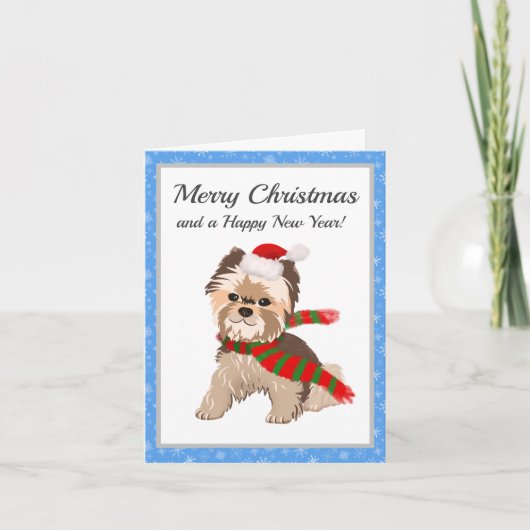 Santa Hat Chrisの愛らしいクリスマスヨークシャーテリアメリー シーズンカード (正面)