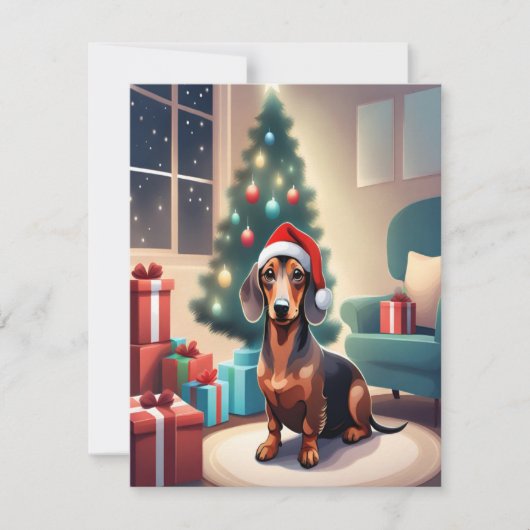 Santa Hat Christmas CardのDachshundウインナソーセージ犬 シーズンカード (正面)