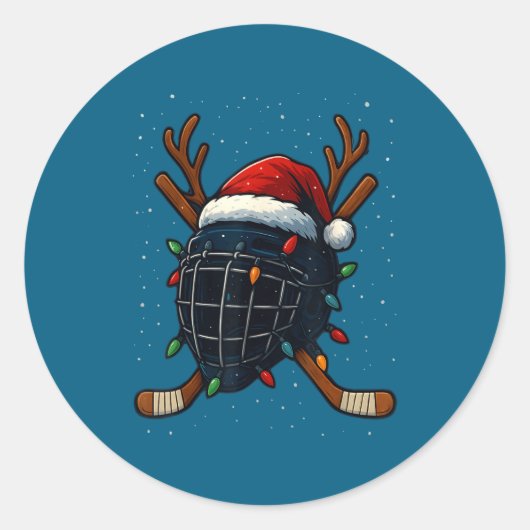 Santa Hat Christmas Ice Hockey Helmet Player Reind ラウンドシール (正面)