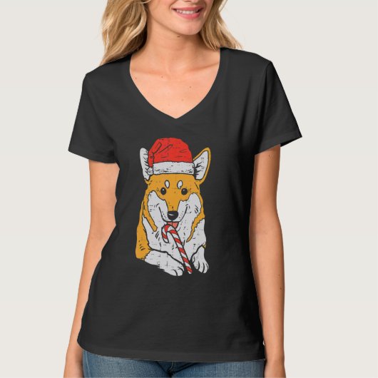Santa Hat Corgi Dog Christmas Xmas Men Women Tシャツ (正面)