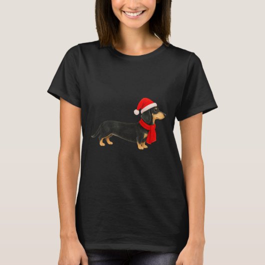 Santa Hat Dachshund Christmas Funny Cute Dog Mom  Tシャツ (正面)