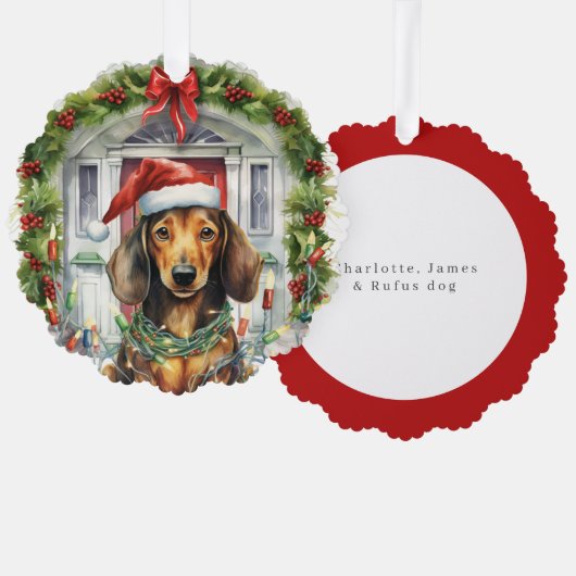 Santa Hat Front Door ChristmasのDachshund オーナメントカード (正面/裏面)