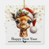 Santa Hat Funny Giraffe Merry Christmas セラミックオーナメント (裏面)