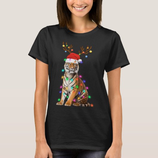 Santa Hat Funny Tiger Tree Xmas Light Animal Chris Tシャツ (正面)