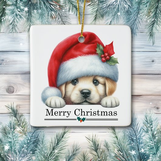 Santa Hat Golden Retriever Puppy Merry Christmas セラミックオーナメント
