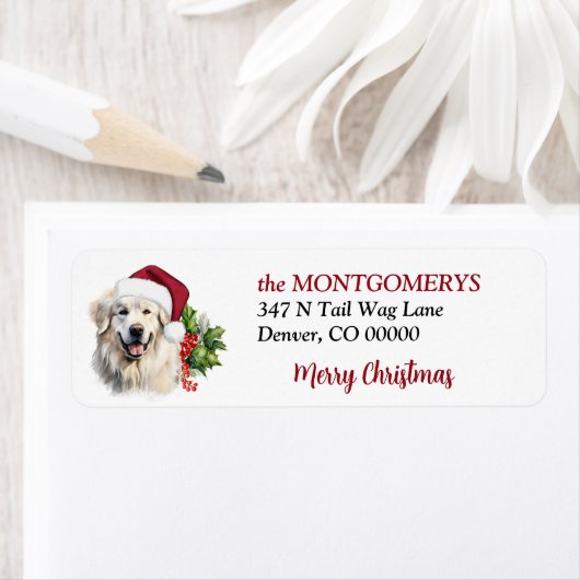 Santa Hat Great Pyrenees Christmas Return Address ラベル (インサイチュ)