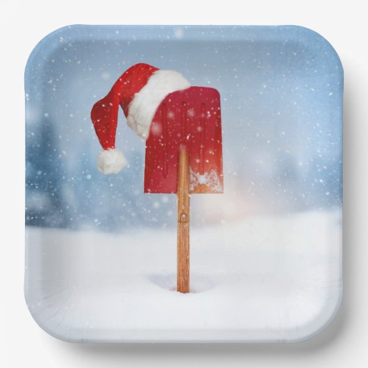 Santa Hat On Red Snow Shovel ペーパープレート (正面)