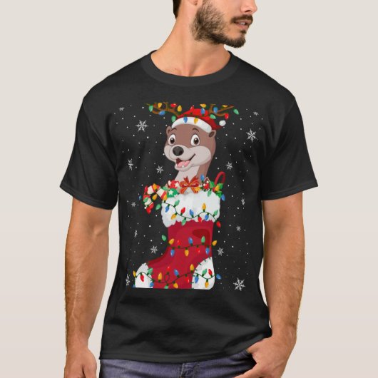 Santa Hat Otter Animal In Socks Xmas Tree Lights T Tシャツ (正面)
