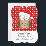Santa Hat Photo Greetingとクリスマスフクロウ シーズンカード<br><div class="desc">背面パーソナライズされたに写真を追加。この可愛い小さな男は、すべての動物の鳥のおもしろいを持つ準備ができている。帽子をかぶった漫画の茶色の赤と白フクロウと、興奮の負荷のための背景パターン。</div>