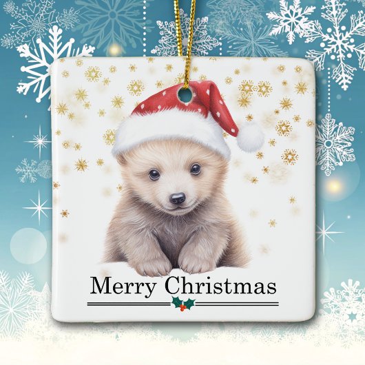 Santa Hat Polar Bear Cub Merry Christmas セラミックオーナメント