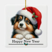 Santa Hat Shetland Sheepdog Puppy Merry Christmas セラミックオーナメント (裏面)
