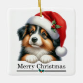 Santa Hat Shetland Sheepdog Puppy Merry Christmas セラミックオーナメント (正面)