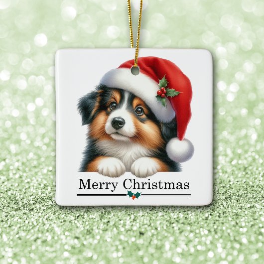 Santa Hat Shetland Sheepdog Puppy Merry Christmas セラミックオーナメント