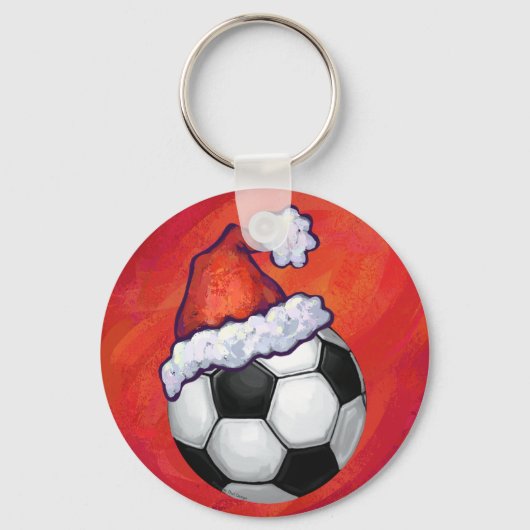 Santa Hat Soccer Ball on Red キーホルダー (正面)