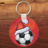 Santa Hat Soccer Ball on Red キーホルダー (正面)