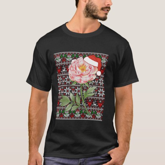 Santa Hat Ugly Christmas Sweater Peony Flower Love Tシャツ (正面)