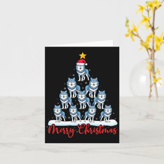 Santa Hat Ugly Xmas Funny Wolf Christmas Tree  カード (黄色い花)