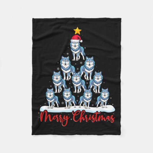 Santa Hat Ugly Xmas Funny Wolf Christmas Tree  フリースブランケット (正面)