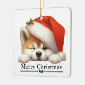 Santa Hat Winking Akita Puppy Merry Christmas セラミックオーナメント (左)
