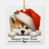 Santa Hat Winking Akita Puppy Merry Christmas セラミックオーナメント (裏面)