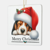 Santa Hat Winking Basset Hound Puppy Christmas セラミックオーナメント (左)