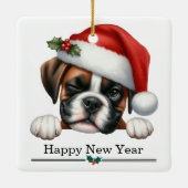 Santa Hat Winking Boxer Dog Puppy Christmas セラミックオーナメント (裏面)