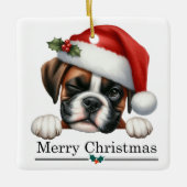 Santa Hat Winking Boxer Dog Puppy Christmas セラミックオーナメント (正面)